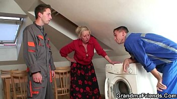 mischievous grannie satisfies two repairmen